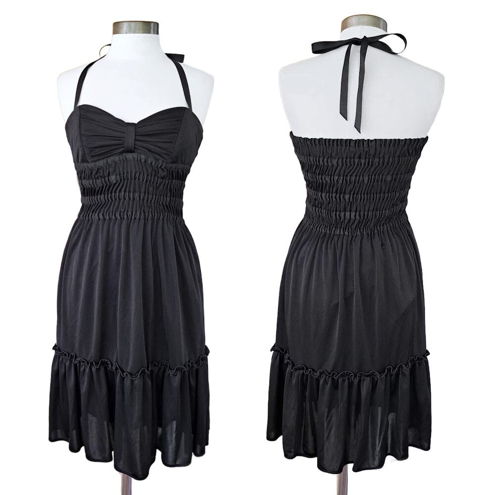 Vintage BETSEY JOHNSON Black Sweetheart Halter Midi Dress Small Pinup Whimsigoth